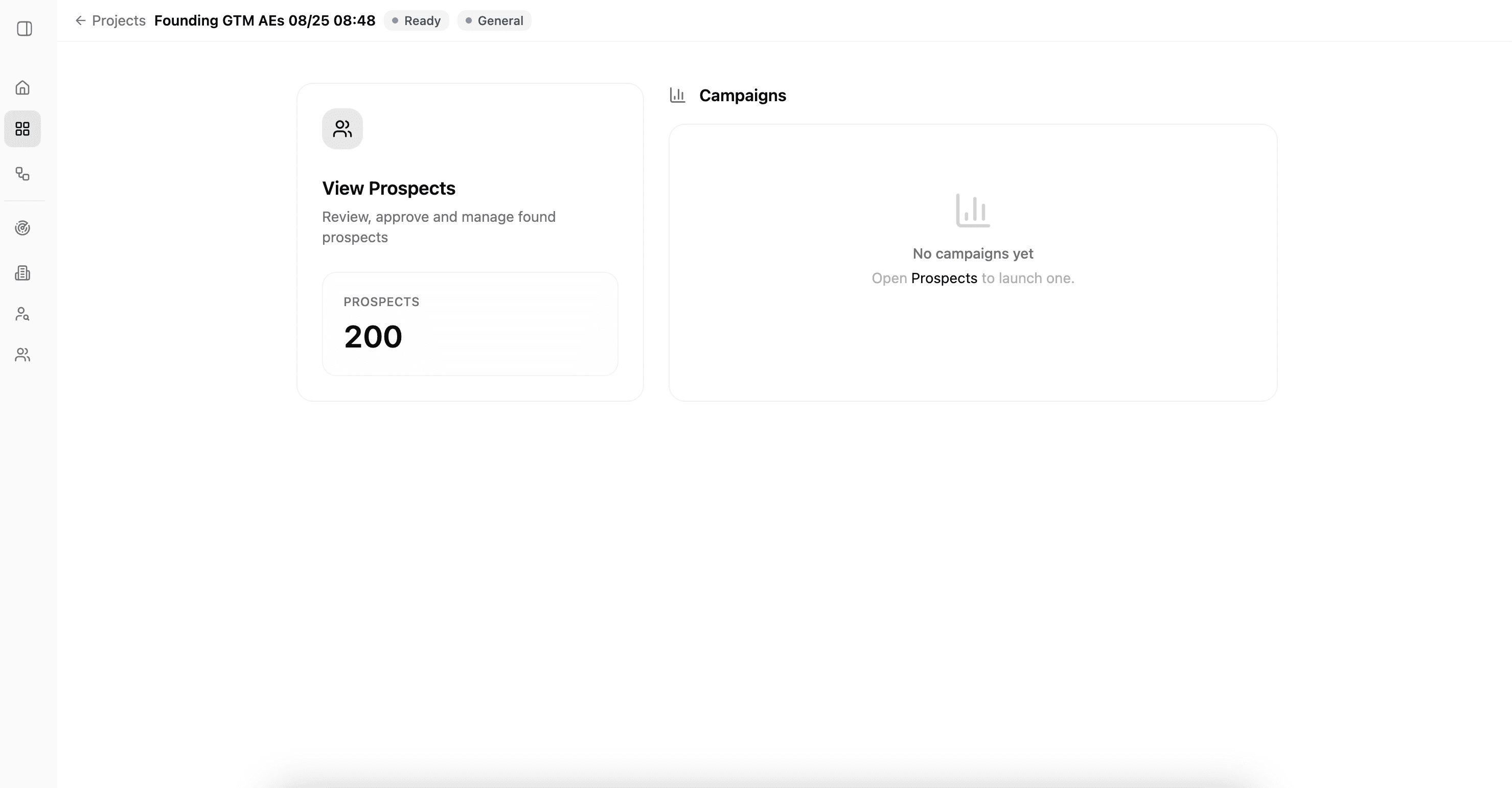 Completed Project showing View Prospects and an empty Campaigns area