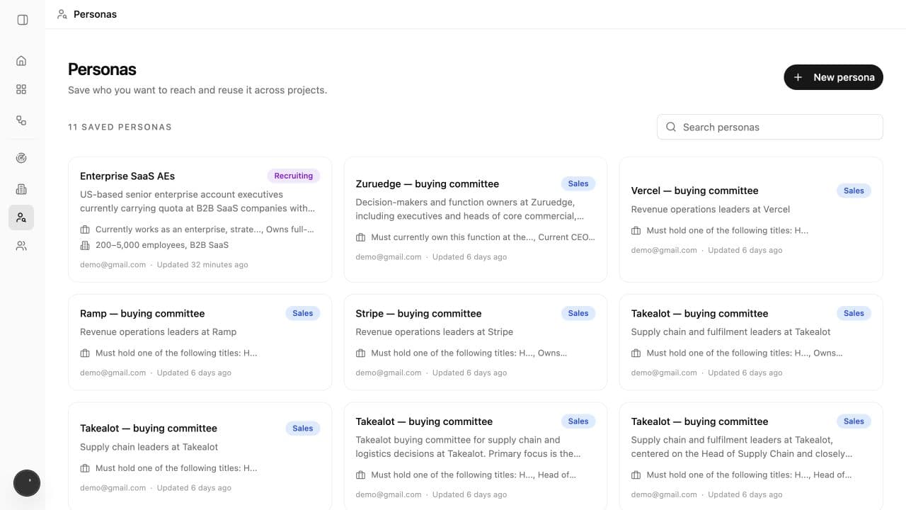 Lumnis Personas page showing reusable persona cards and the New persona action