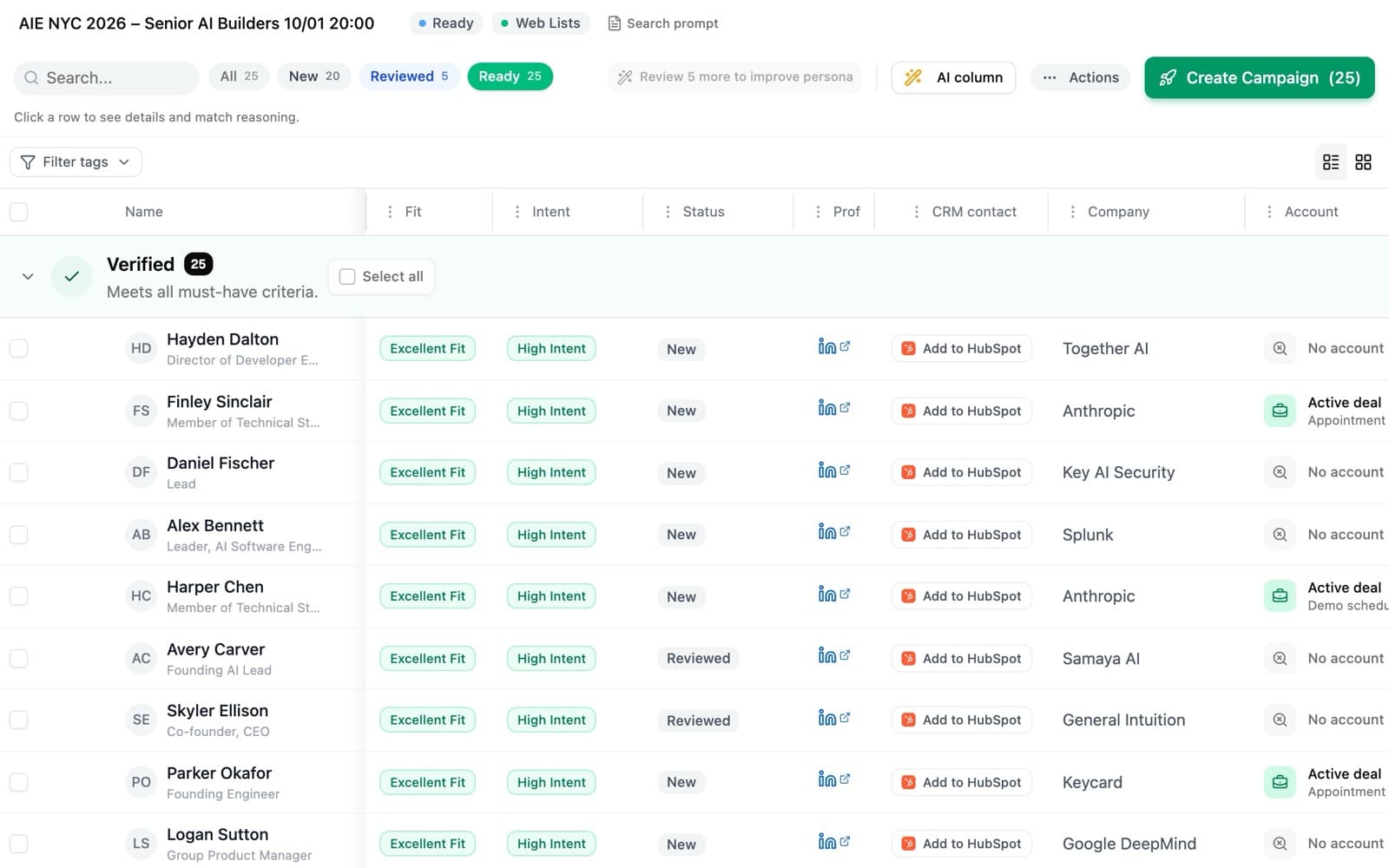 Senior AI builders going to AI Engineer NYC 2026, each with fit, intent and their account in HubSpot