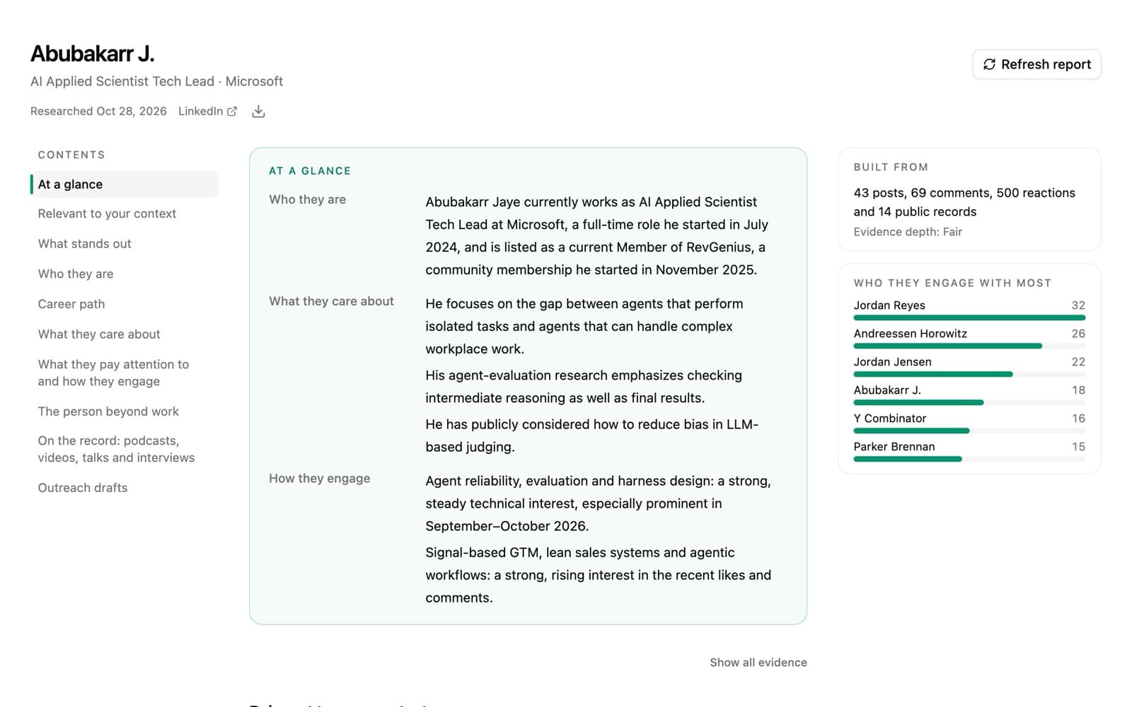 A person report: who they are, what they care about and who they engage with most