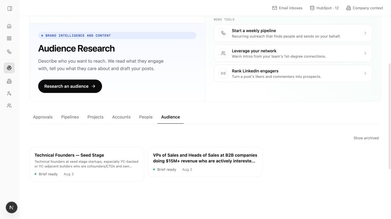 Lumnis Audience tab showing completed audience research briefs