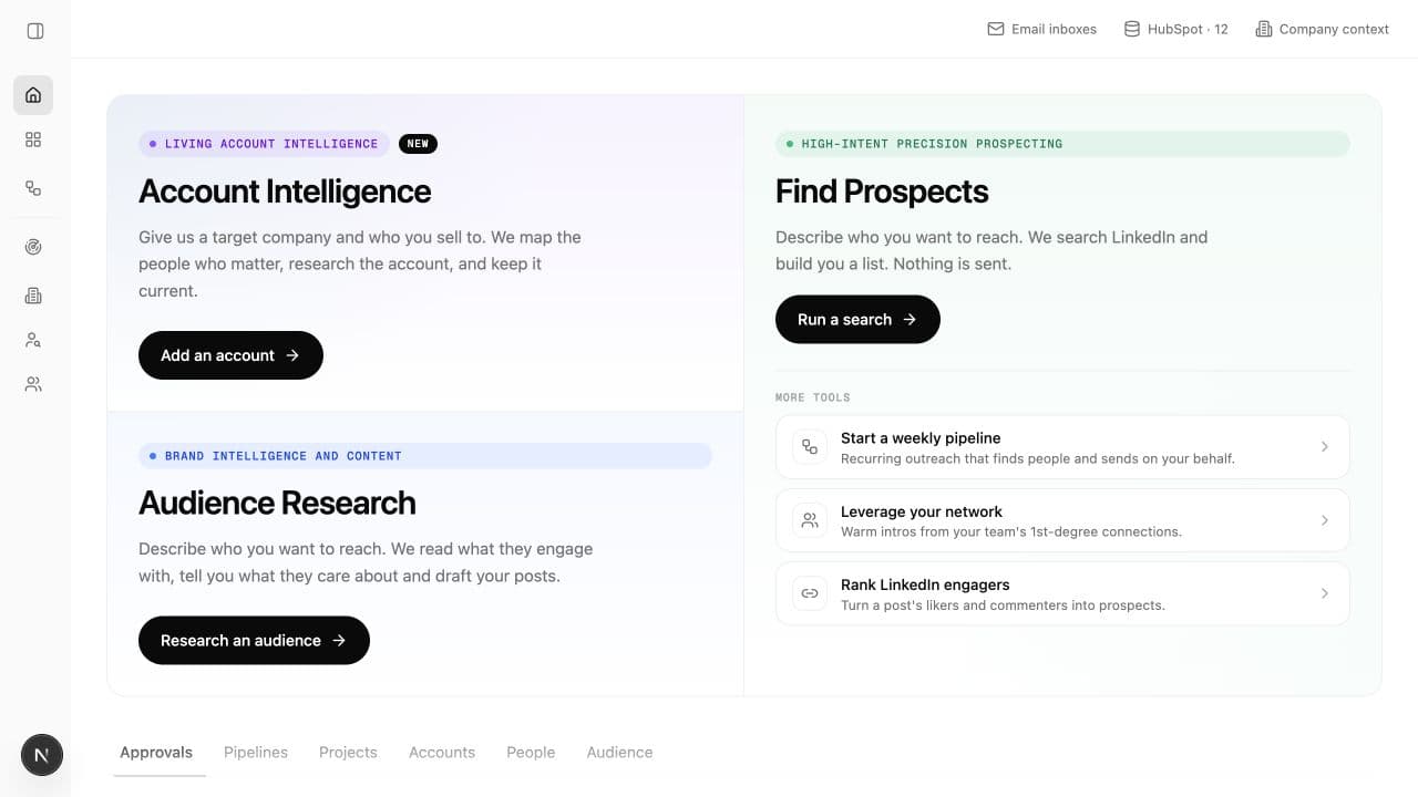 Lumnis workspace home showing Account Intelligence, Audience Research, Find Prospects, and more tools